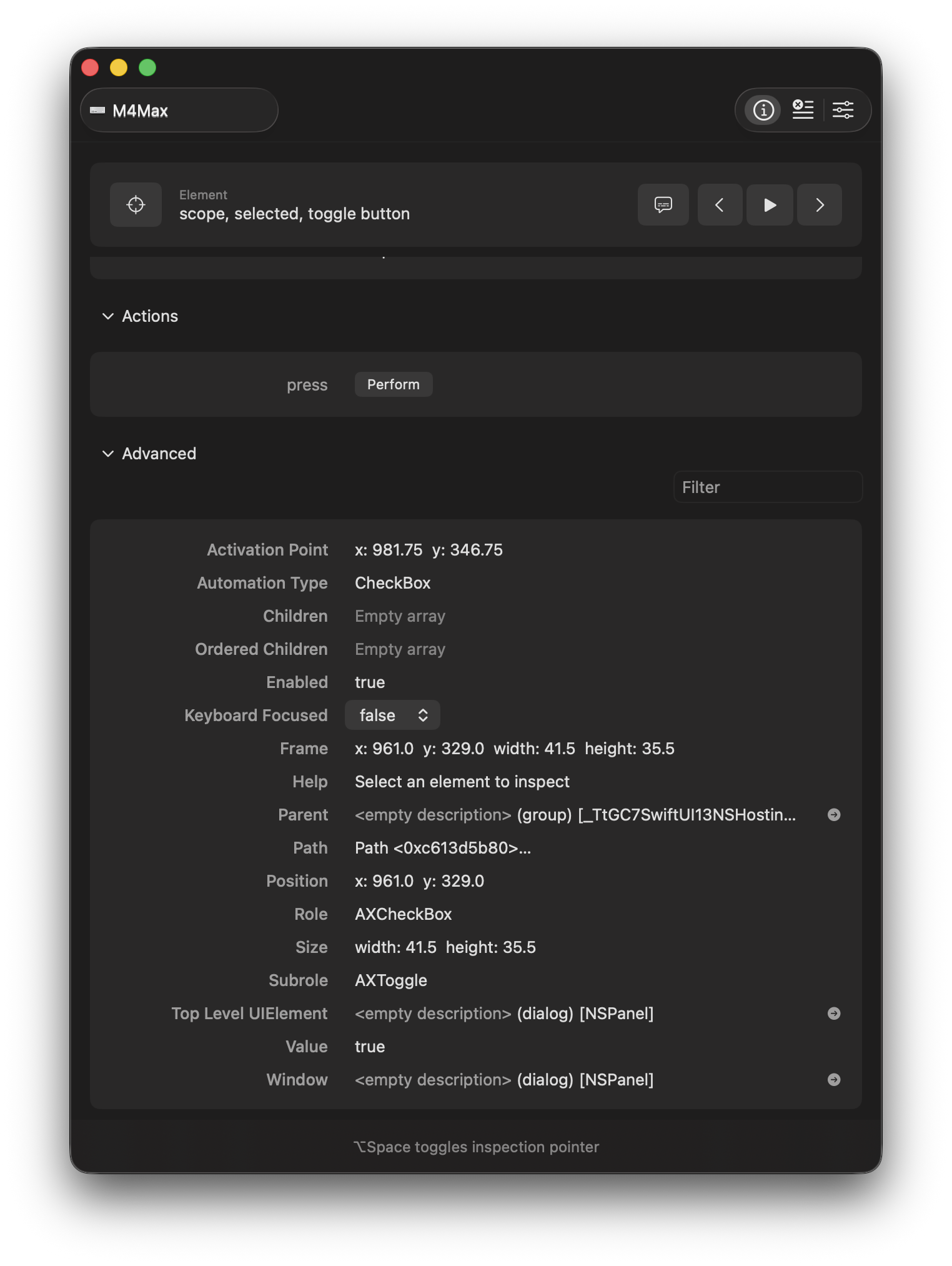 Screenshot of Accessibility Inspector tool